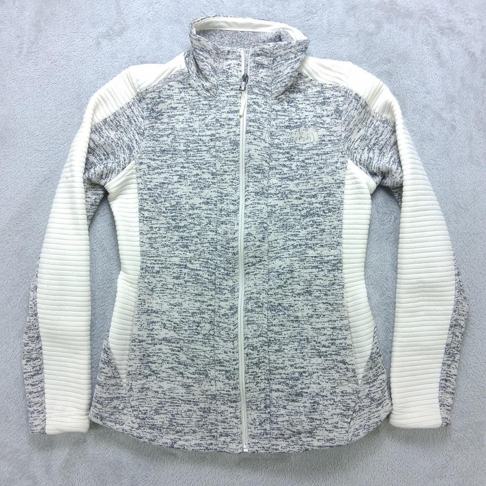 The North Face Womens Full Zip Fleece Jacket XS Gray White Moto Knit Outdoor